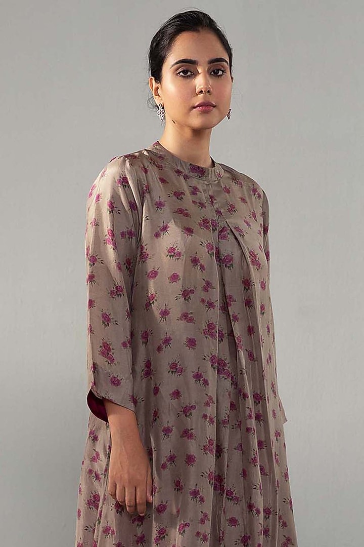 Brown Pure Silk Floral Printed Pleated Kurta Set by Label Shreya Sharma at Pernia's Pop Up Shop