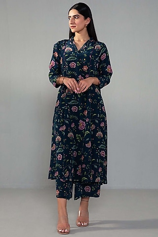 Navy Blue Natural Crepe Printed Kurta Set by Label Shreya Sharma