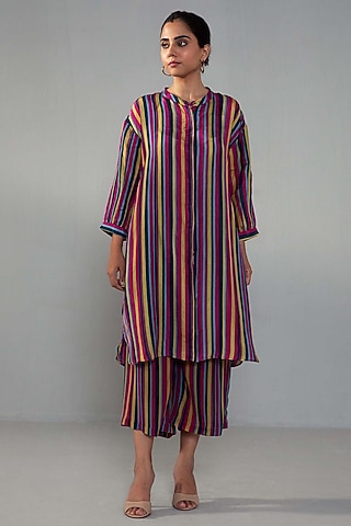 Fuchsia Natural Crepe Stripe Printed Kurta Set by Label Shreya Sharma