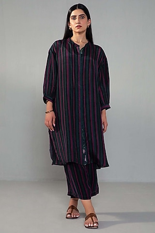 Blue Natural Crepe Stripe Printed Kurta Set by Label Shreya Sharma