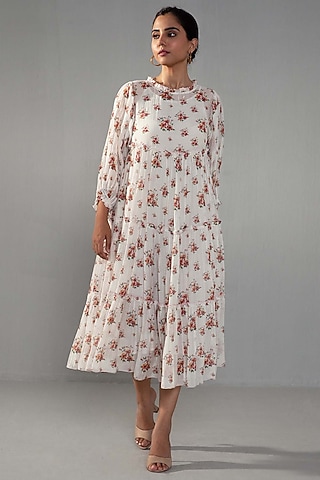 White Chanderi Floral Printed Dress by Label Shreya Sharma