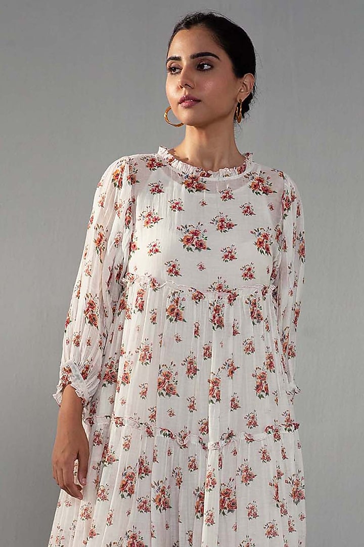 White Chanderi Floral Printed Summer Dress by Label Shreya Sharma at Pernia's Pop Up Shop