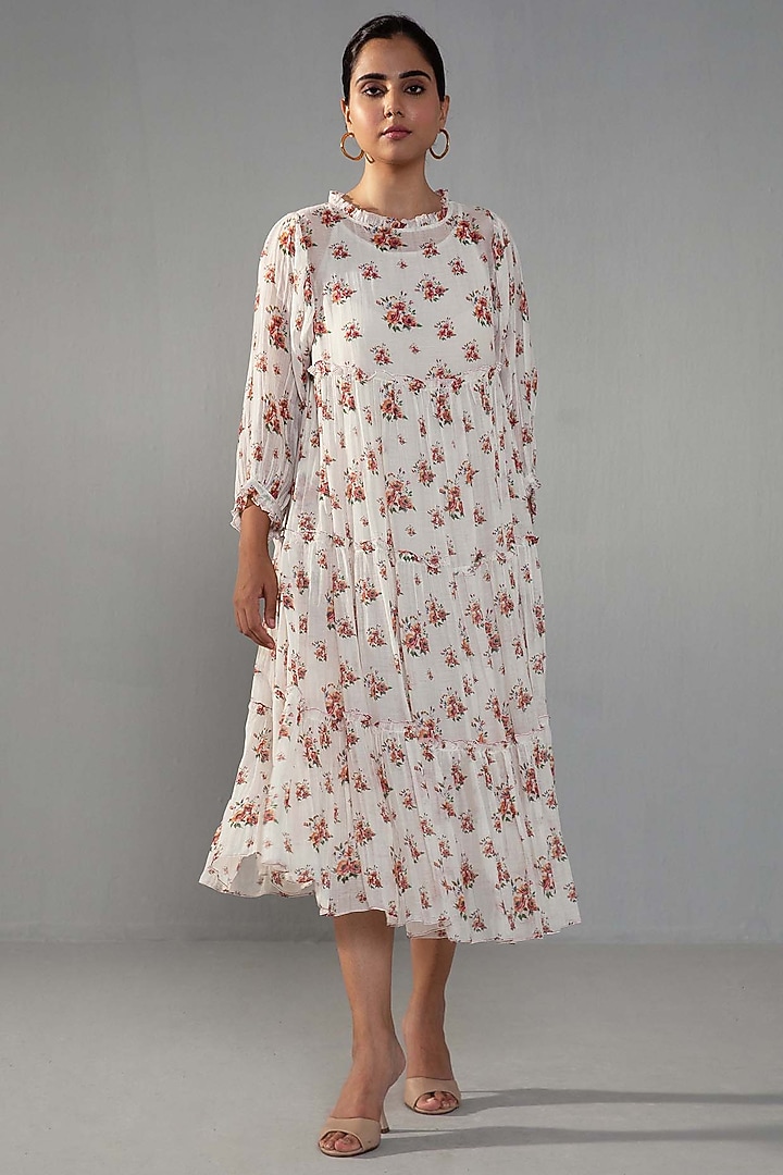 White Chanderi Floral Printed Summer Dress by Label Shreya Sharma at Pernia's Pop Up Shop