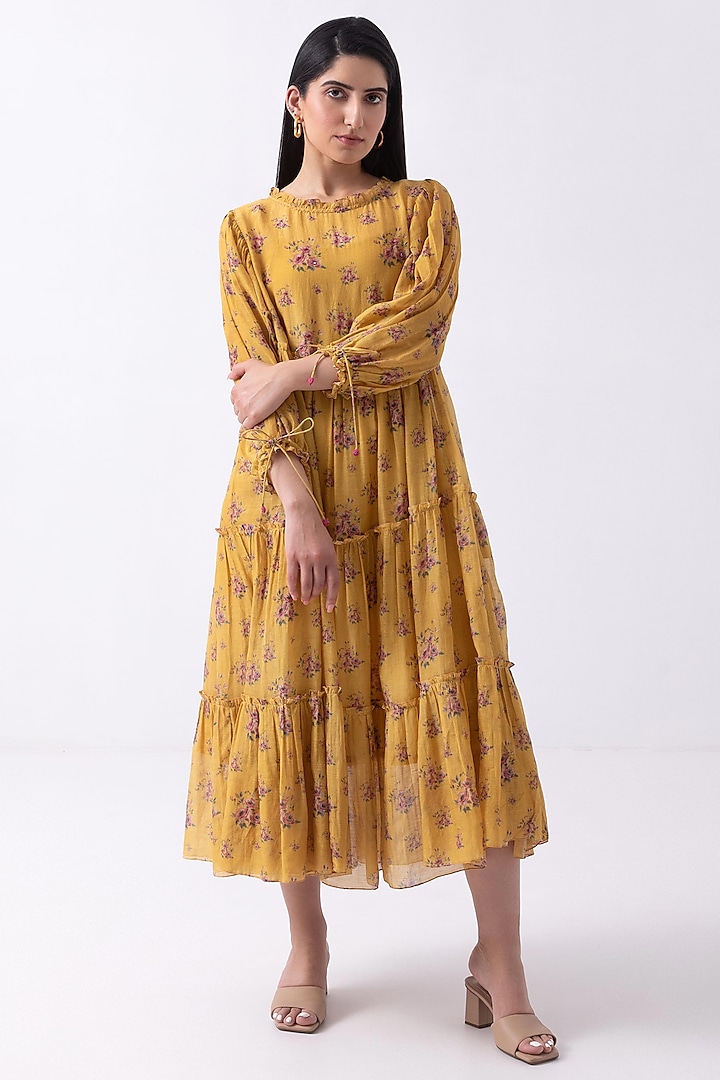 Yellow Chanderi Floral Printed Dress by Label Shreya Sharma