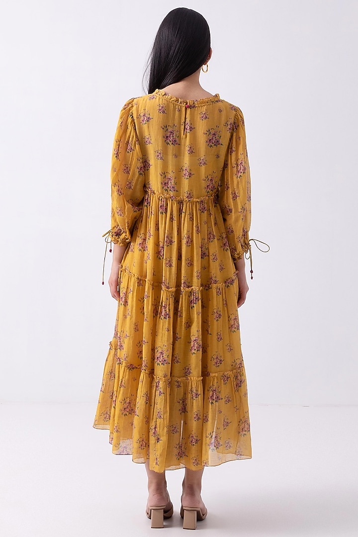 Yellow Chanderi Floral Printed Summer Dress by Label Shreya Sharma at Pernia's Pop Up Shop