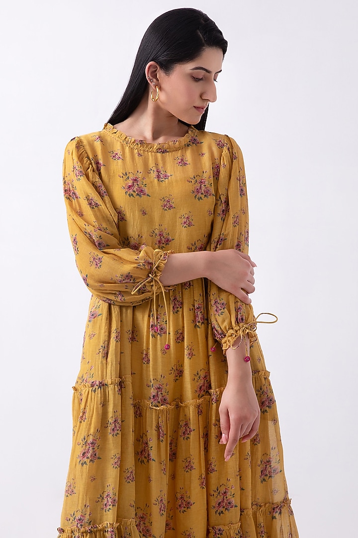 Yellow Chanderi Floral Printed Summer Dress by Label Shreya Sharma at Pernia's Pop Up Shop