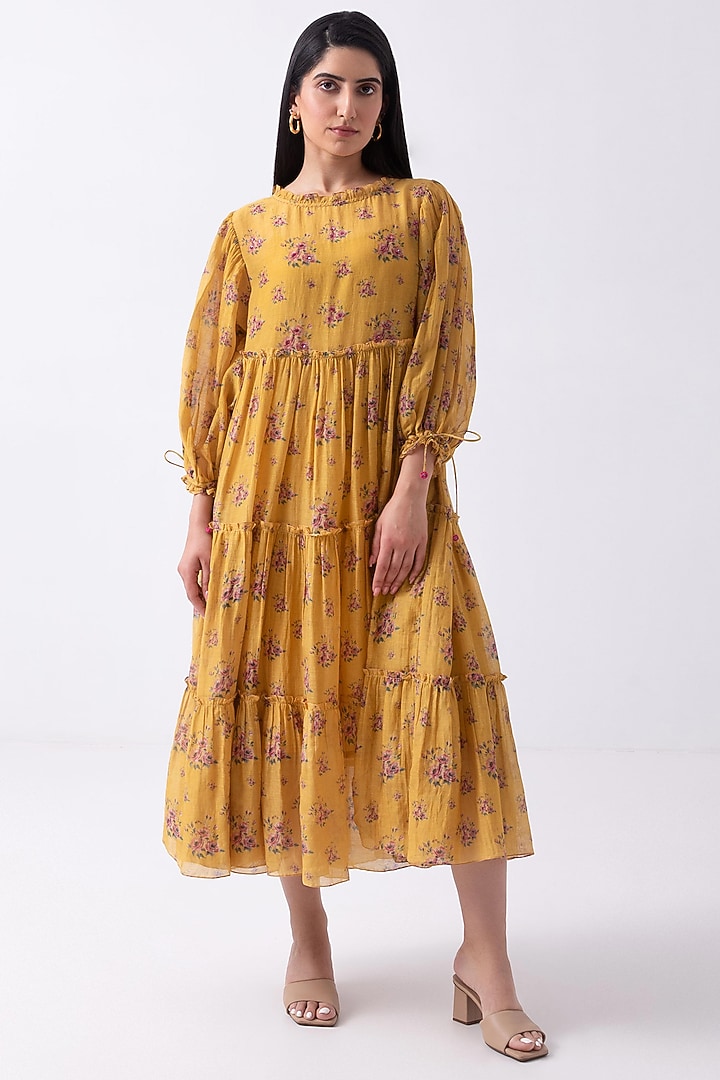 Yellow Chanderi Floral Printed Summer Dress by Label Shreya Sharma at Pernia's Pop Up Shop