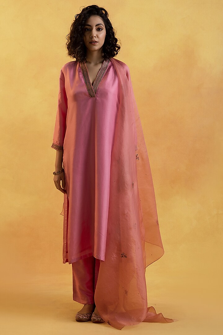 Blush Pink Embroidered Kurta Set by Label Shreya Sharma