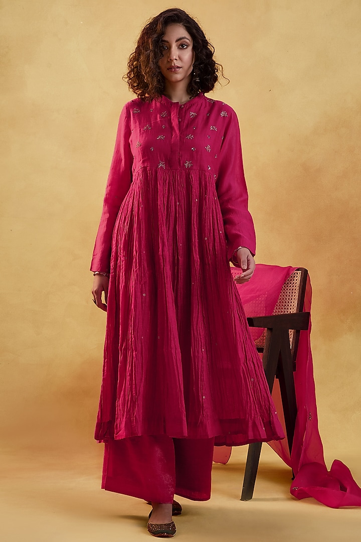 Dark Pink Embroidered Kurta Set by Label Shreya Sharma