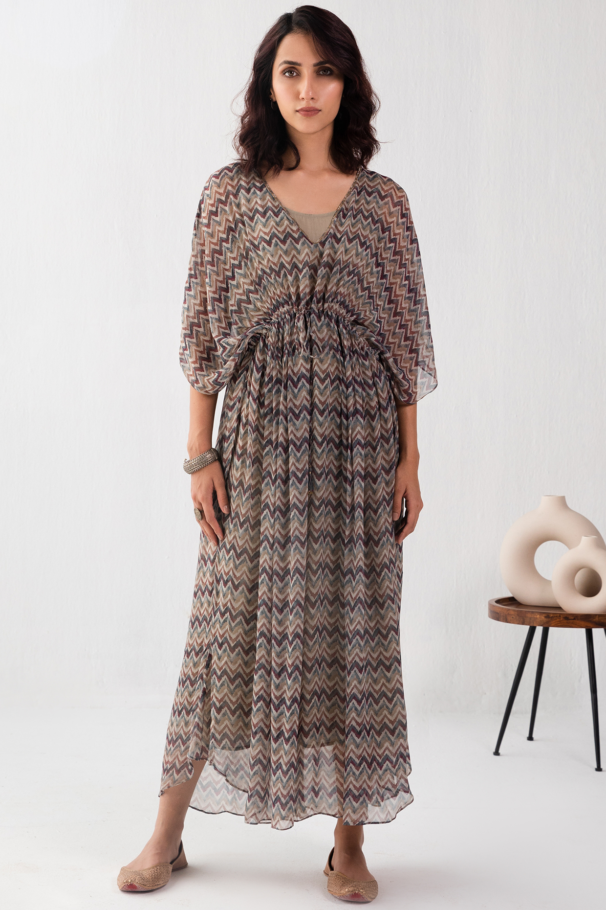 Grey Chiffon Printed Kaftan by Label Shreya Sharma