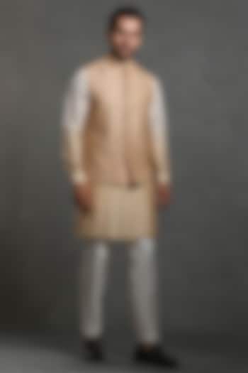 Golden & White Raw Silk Embroidered Nehru Jacket Set by Line by Shamim Khan at Pernia's Pop Up Shop