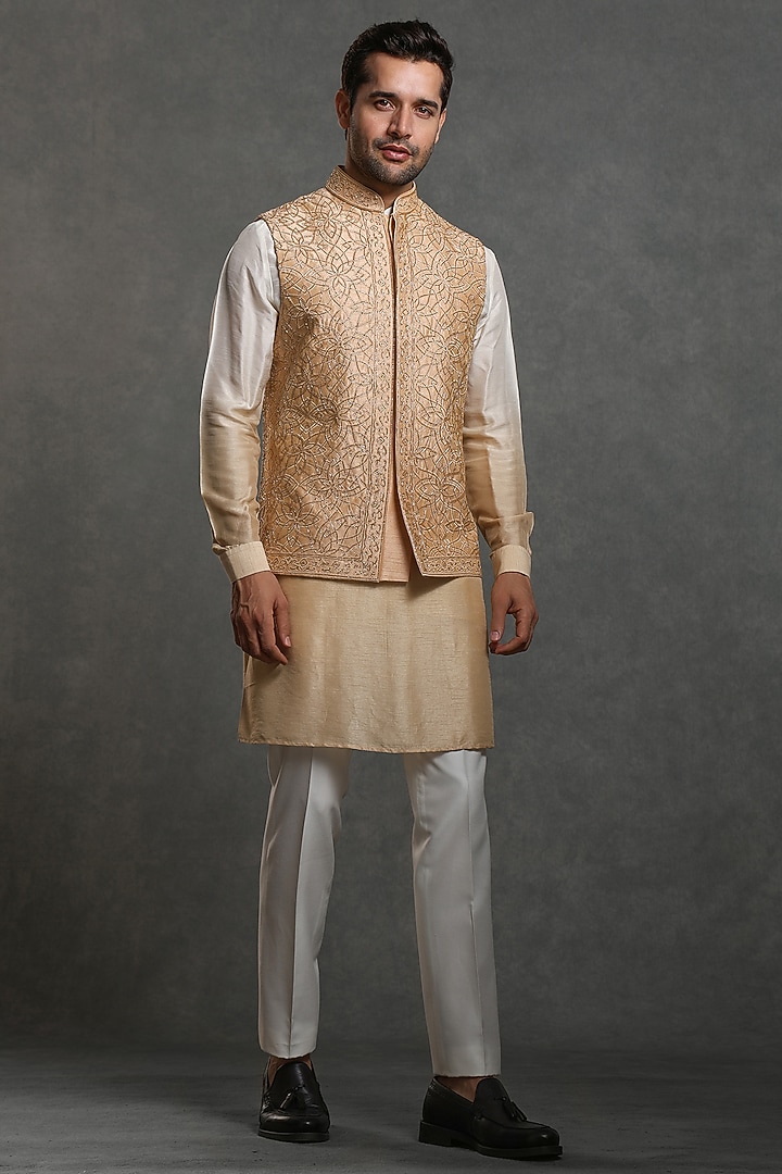 Golden & White Raw Silk Embroidered Nehru Jacket Set by Line by Shamim Khan at Pernia's Pop Up Shop