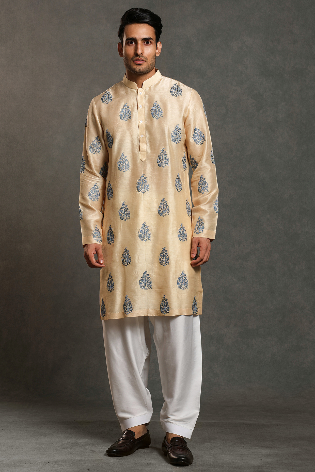 Golden Dola Silk Kurta Set by Line by Shamim Khan