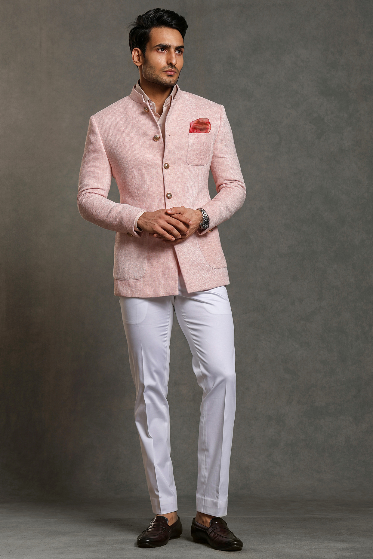 Rose Pink Cotton Viscose Blend Bandhgala Set by Line by Shamim Khan