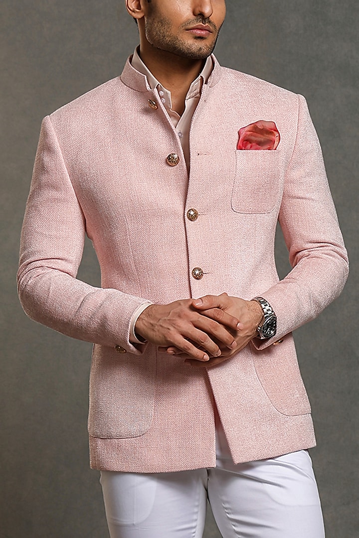 Rose Pink Cotton Viscose Blend Wedding Bandhgala Set by Line by Shamim Khan at Pernia's Pop Up Shop