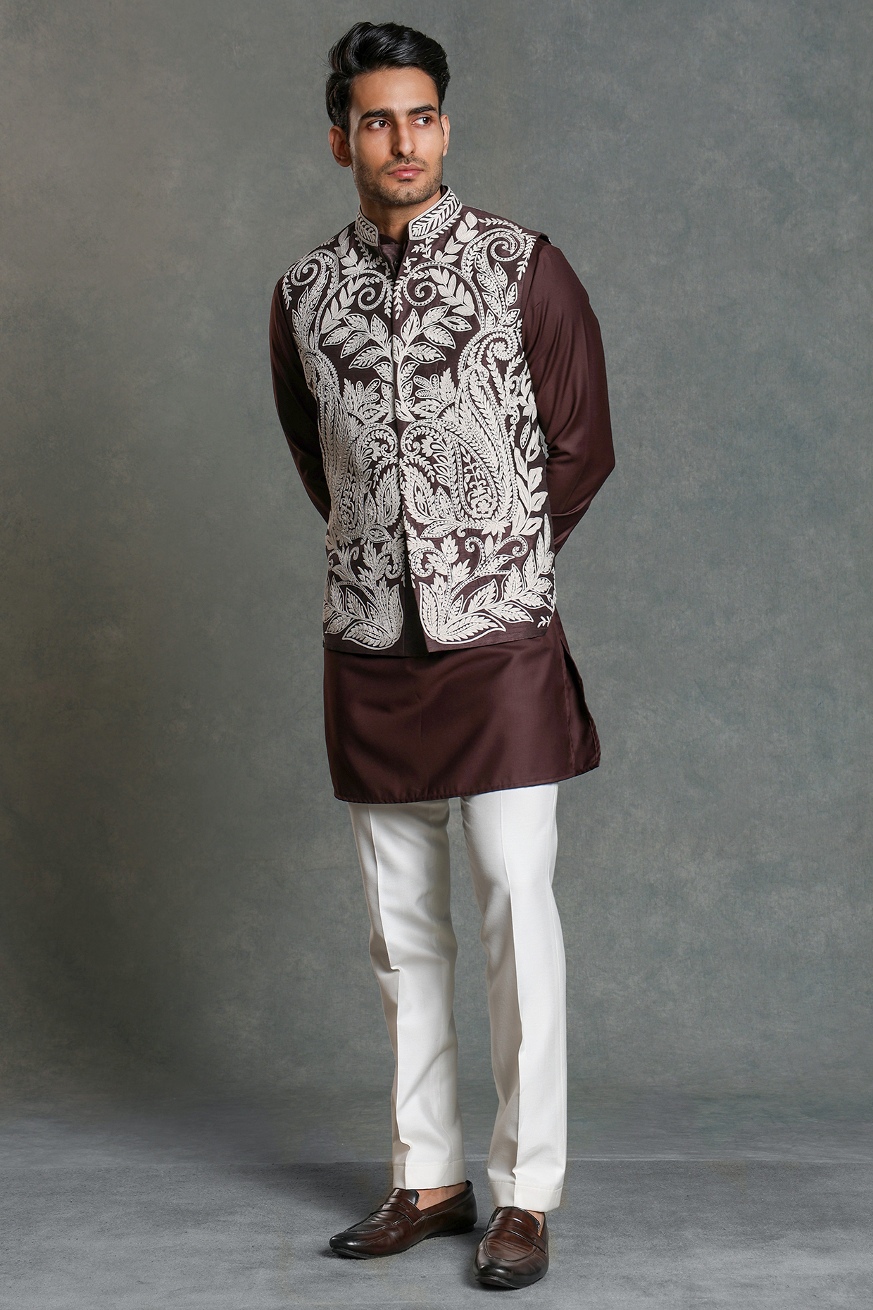 Dark Brown & White Raw Silk Embroidered Nehru Jacket Set by Line by Shamim Khan