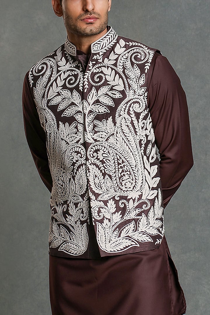 Dark Brown & White Raw Silk Embroidered Nehru Jacket Set by Line by Shamim Khan at Pernia's Pop Up Shop