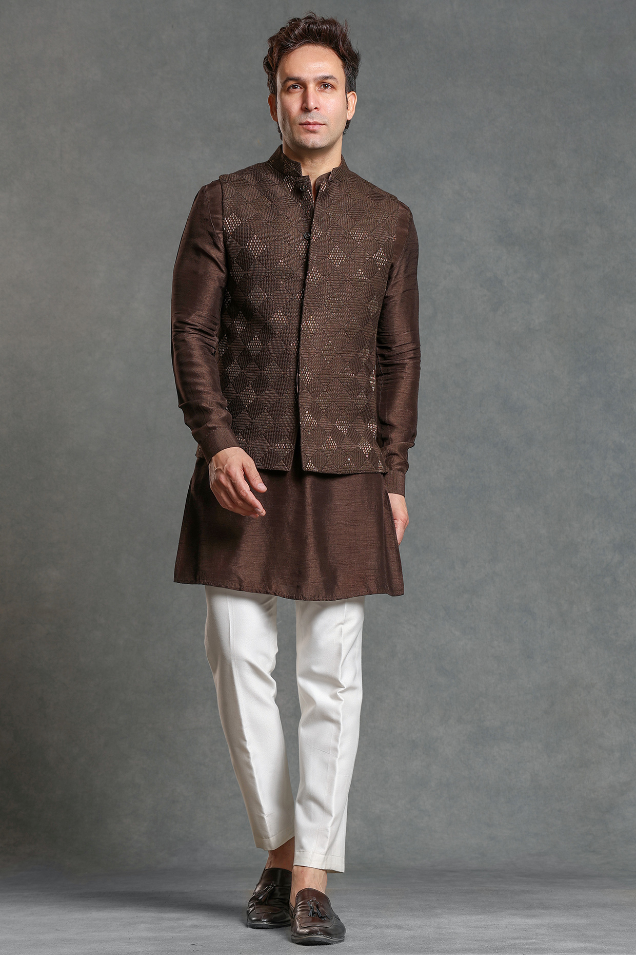 Brown Georgette Glass Cutwork Nehru Jacket Set by Line by Shamim Khan