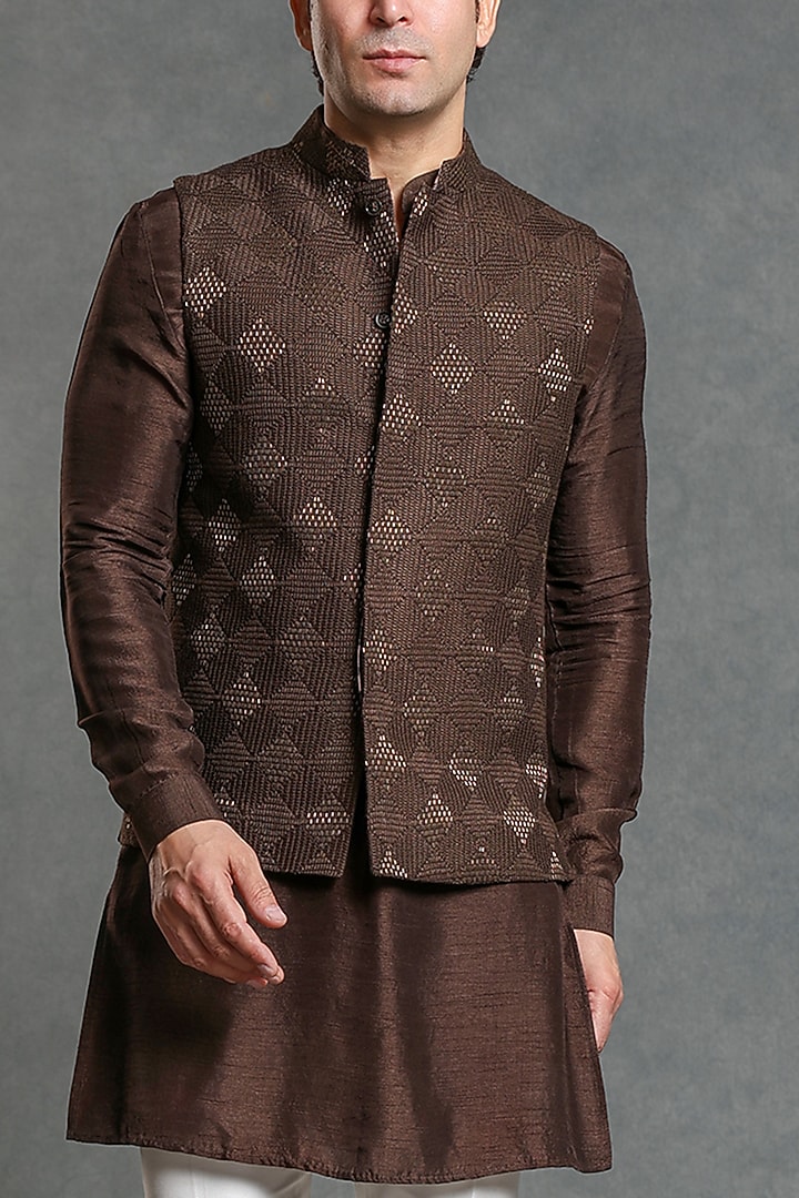 Brown Georgette Glass Cutwork Nehru Jacket Set by Line by Shamim Khan at Pernia's Pop Up Shop