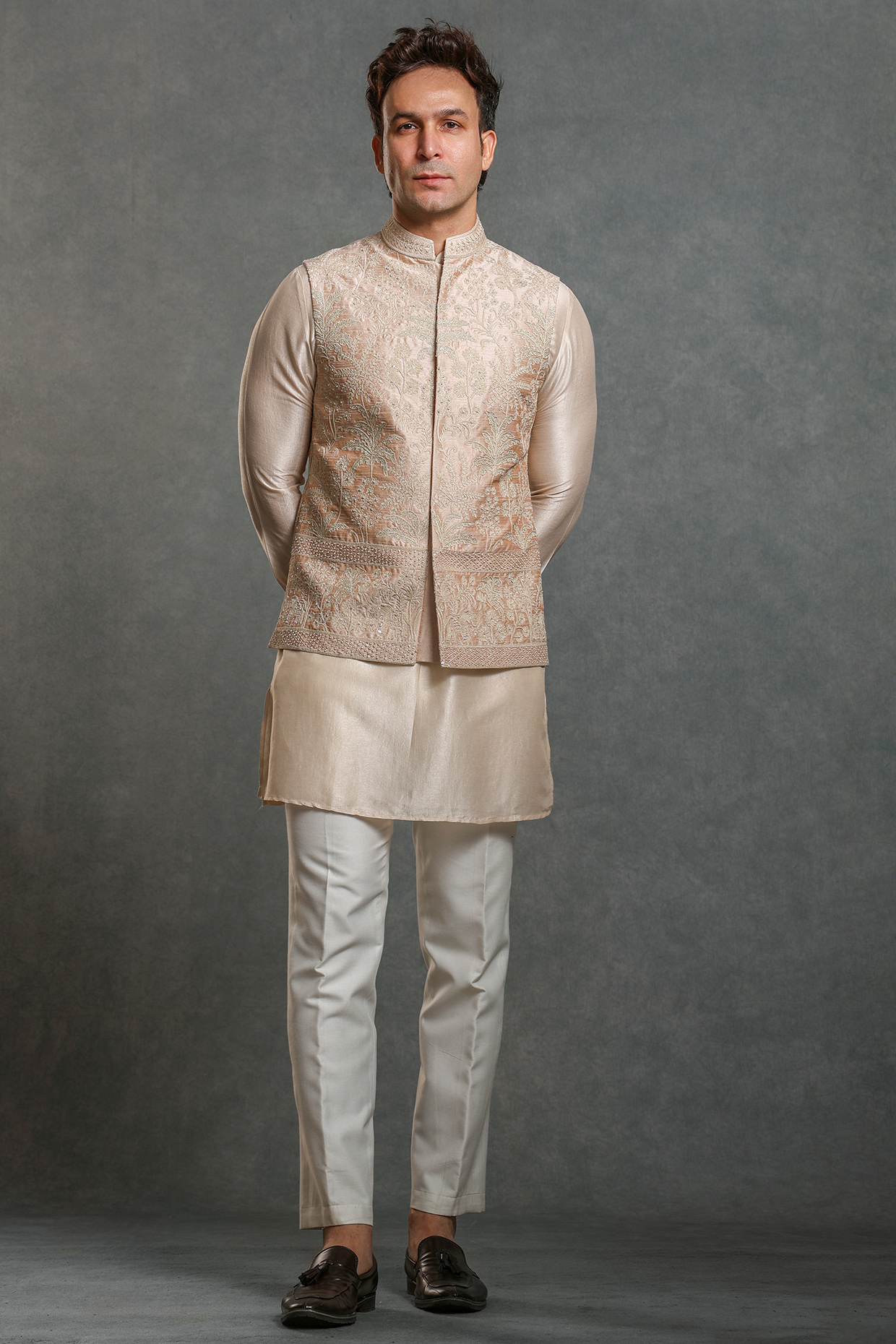 Peach Raw Silk Thread Embroidered Nehru Jacket Set by Line by Shamim Khan