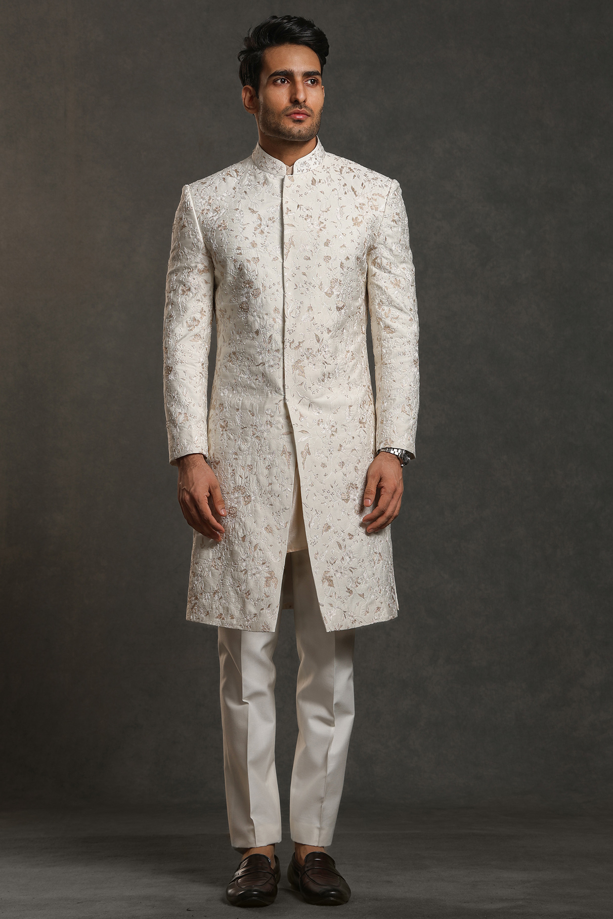 Off-White Raw Silk Hand Embroidered Sherwani Set by Line by Shamim Khan