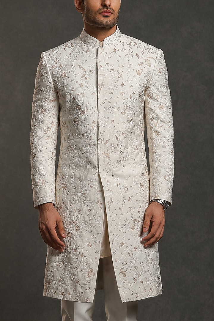 Off-White Raw Silk Hand Embroidered Groom Sherwani Set by Line by Shamim Khan at Pernia's Pop Up Shop