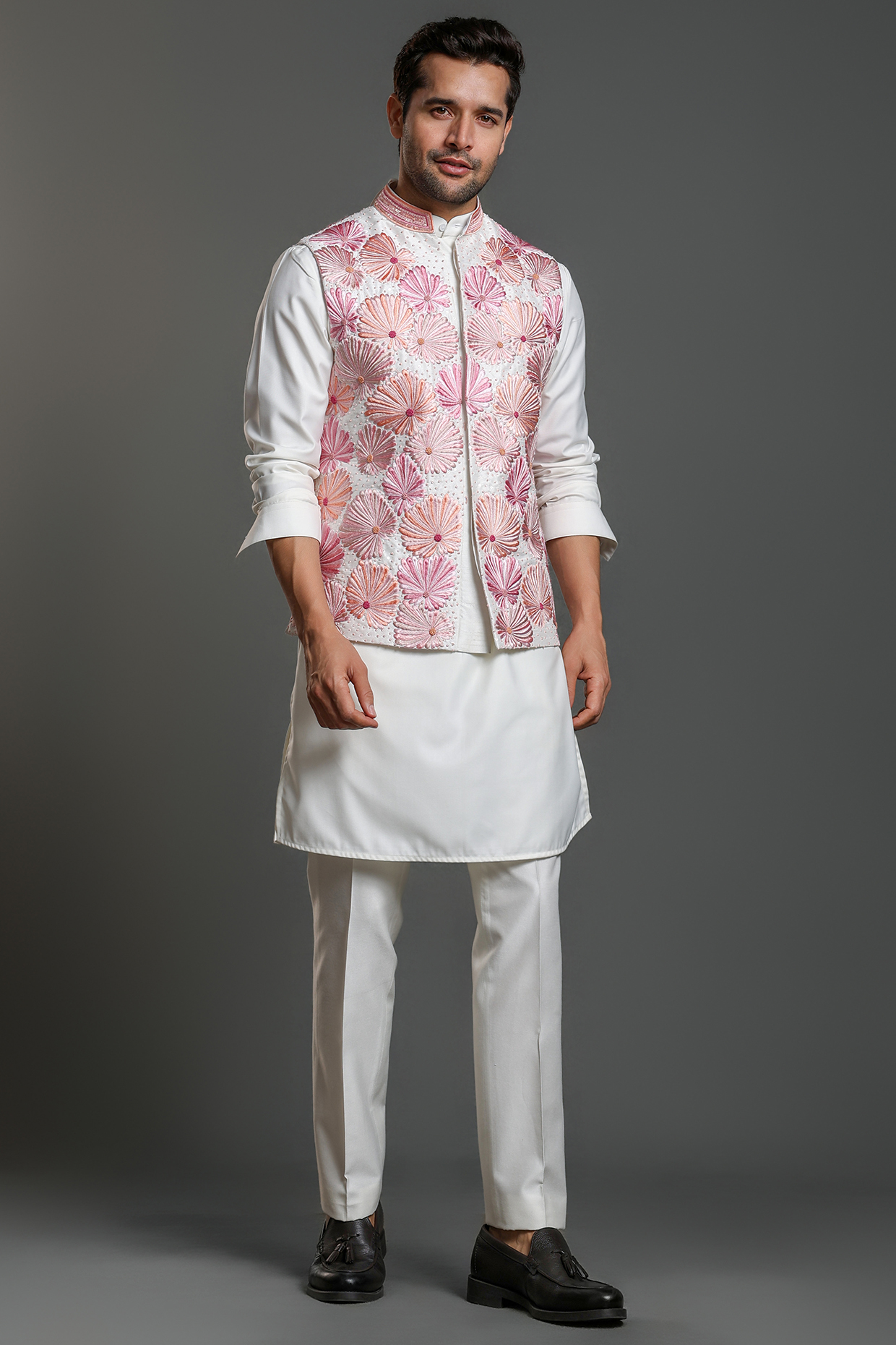 Pastel PInk Raw Silk & Cotton Viscose Thread Embroidered Nehru Jacket Set by Line by Shamim Khan