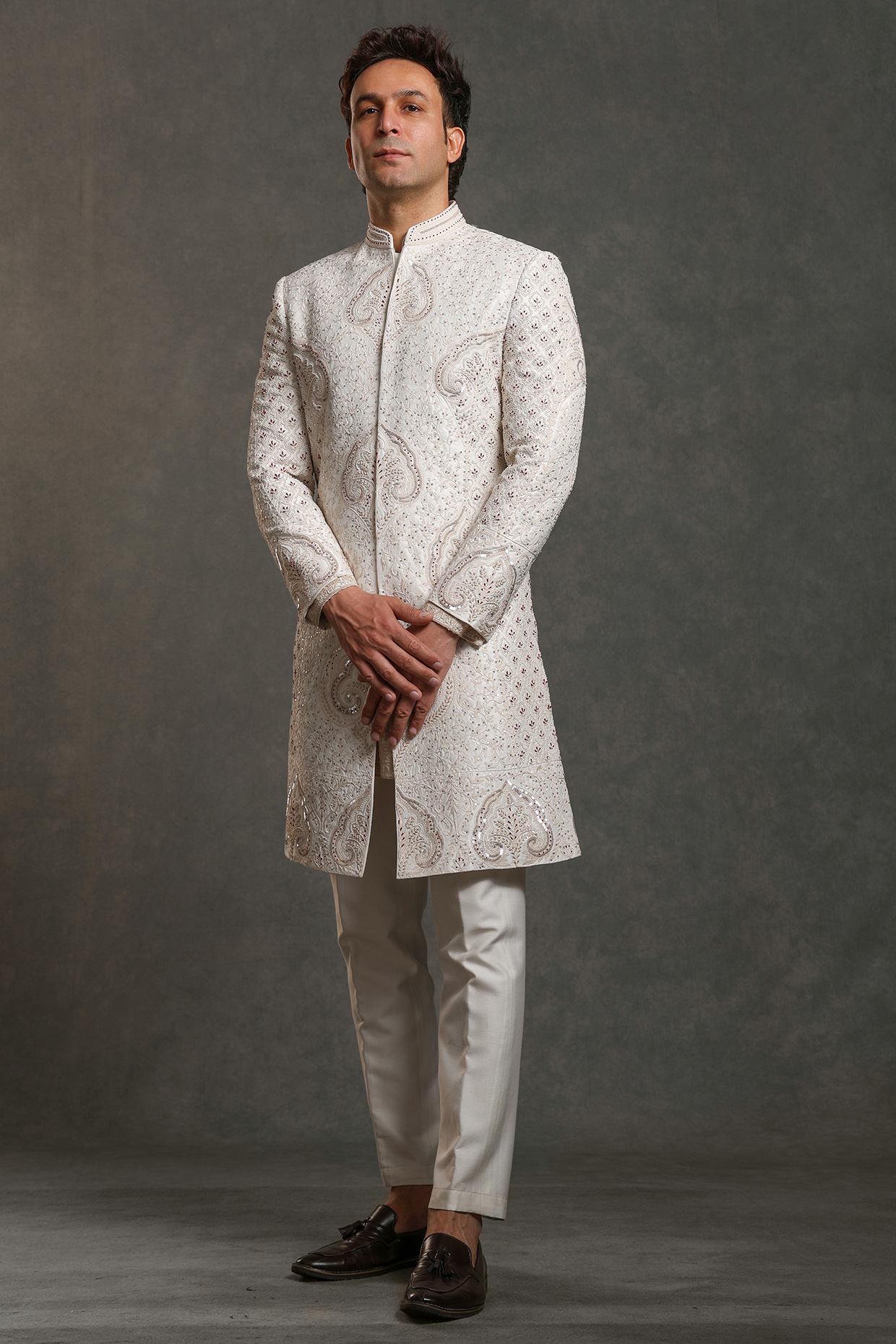 Off-White Raw Silk Hand Embroidered Sherwani Set by Line by Shamim Khan