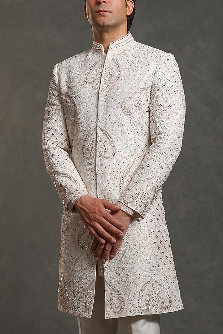 Off-White Raw Silk Hand Embroidered Groom Sherwani Set by Line by Shamim Khan at Pernia's Pop Up Shop