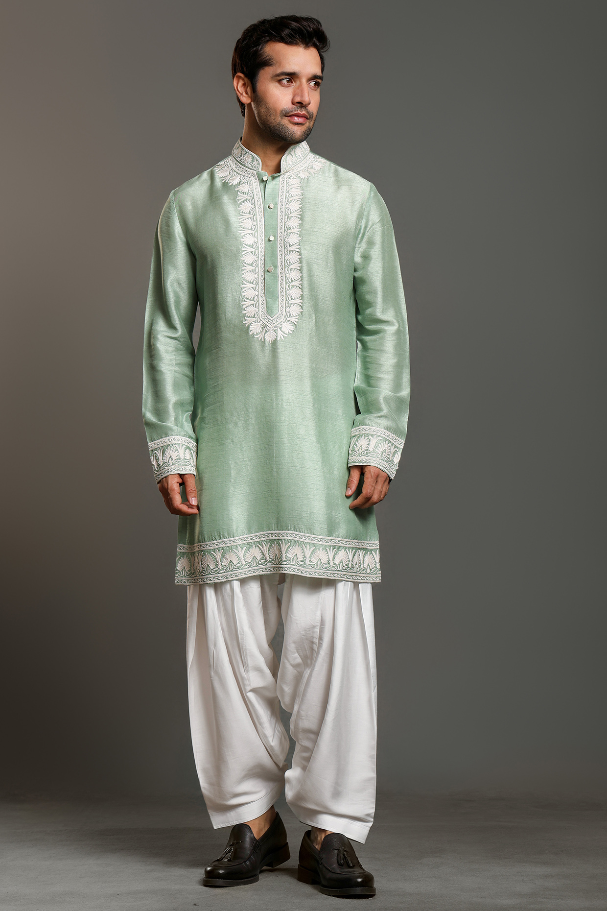 Mint Green Silk Thread Embroidered Kurta Set by Line by Shamim Khan