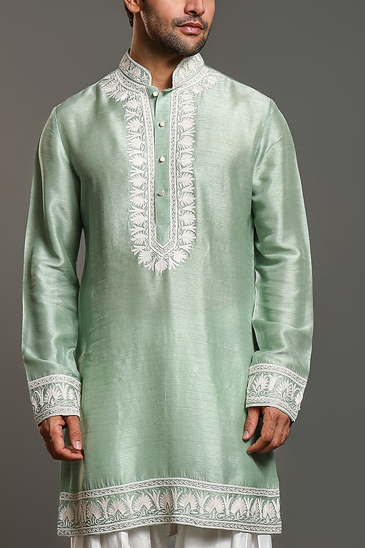 Mint Green Silk Thread Embroidered Kurta Set by Line by Shamim Khan at Pernia's Pop Up Shop