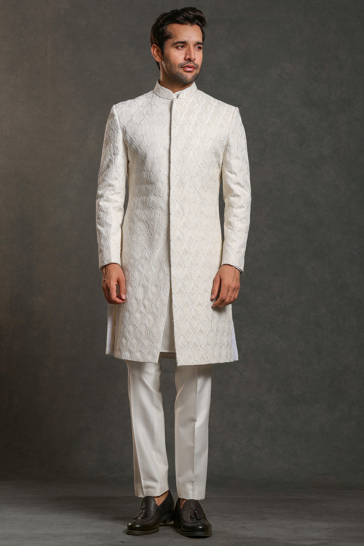 Off-White Raw Silk Hand Embroidered Sherwani Set by Line by Shamim Khan