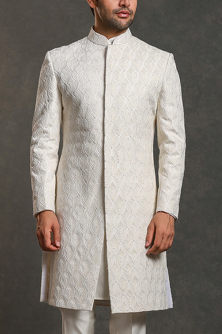 Off-White Raw Silk Hand Embroidered Groom Sherwani Set by Line by Shamim Khan at Pernia's Pop Up Shop