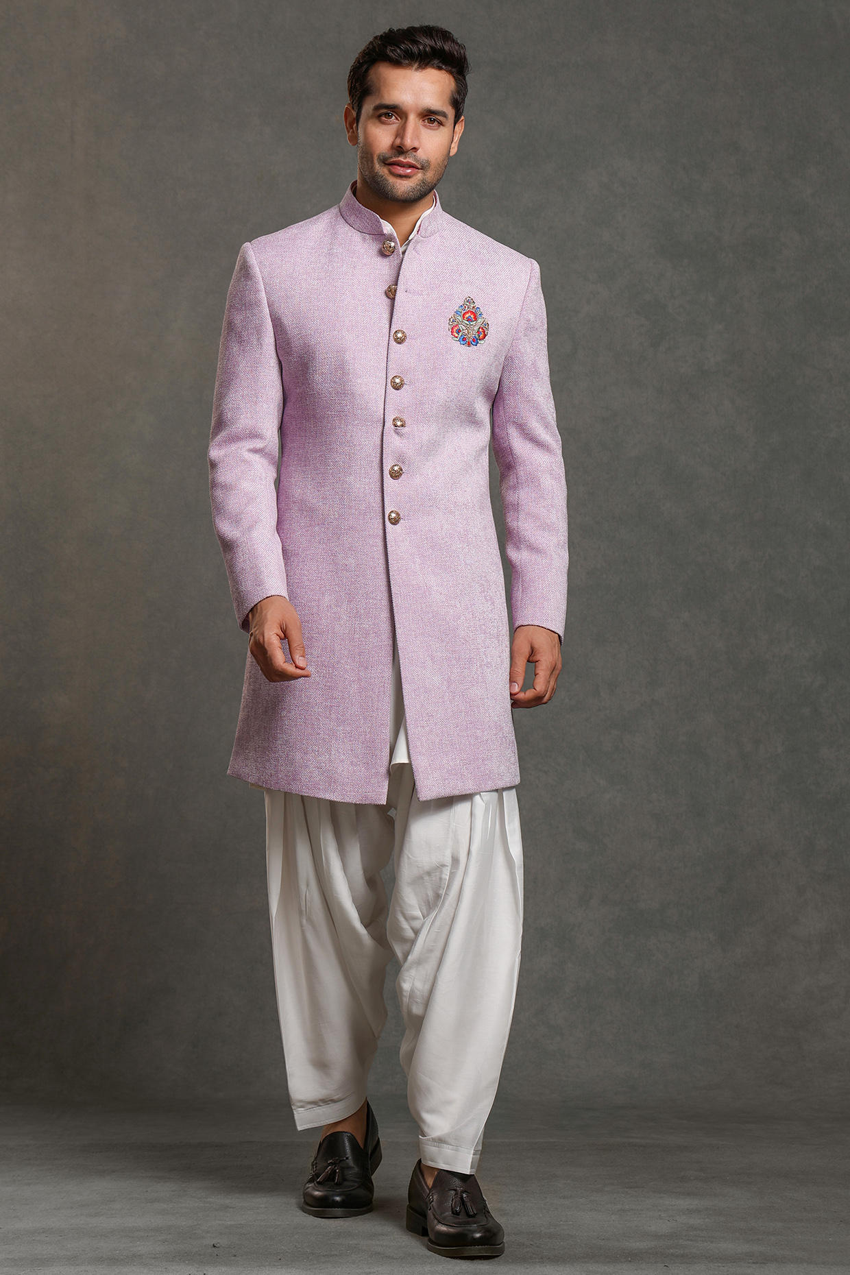 Violet Cotton Viscose Blend Patch Embroidered Indowestern Set by Line by Shamim Khan