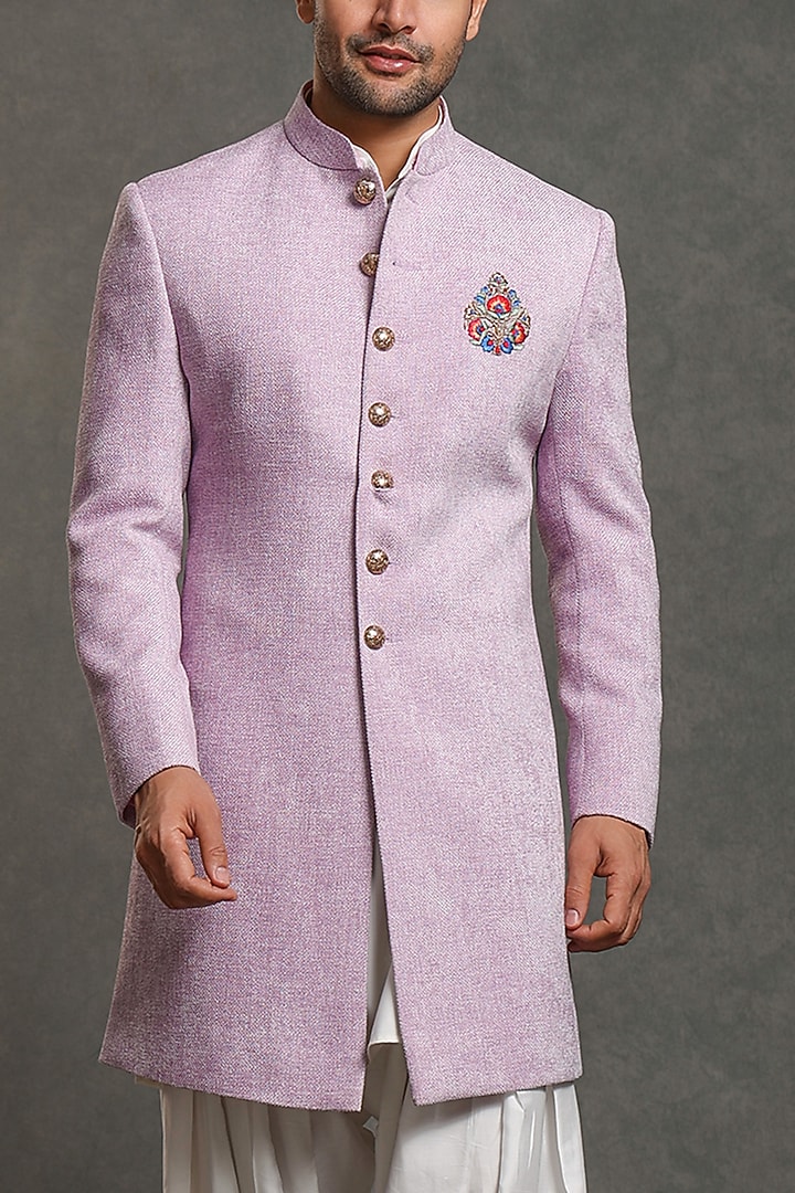 Violet Cotton Viscose Blend Patch Embroidered Wedding Indowestern Set by Line by Shamim Khan at Pernia's Pop Up Shop