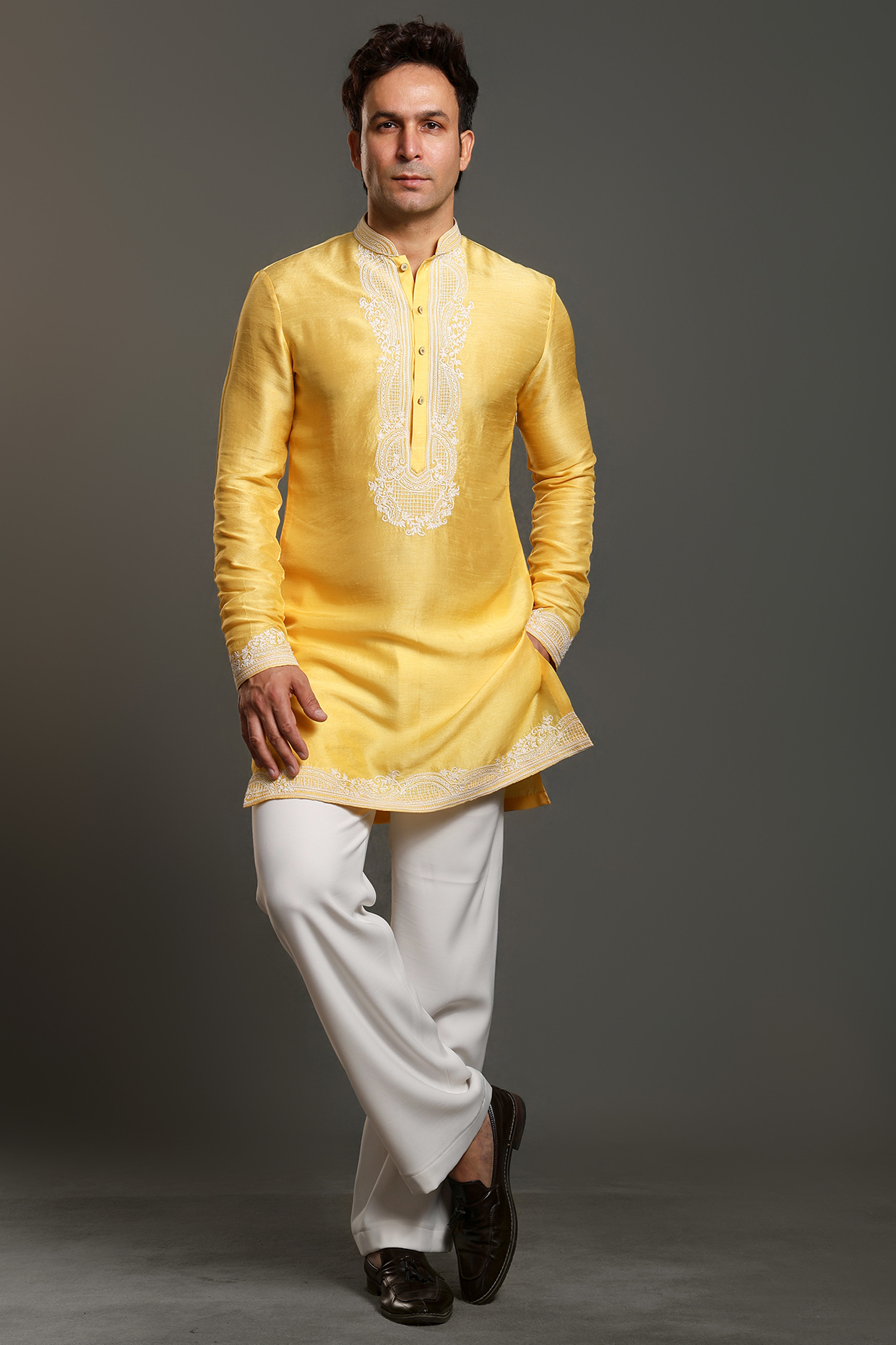 Yellow Raw Silk Thread Embroidered Kurta Set by Line by Shamim Khan