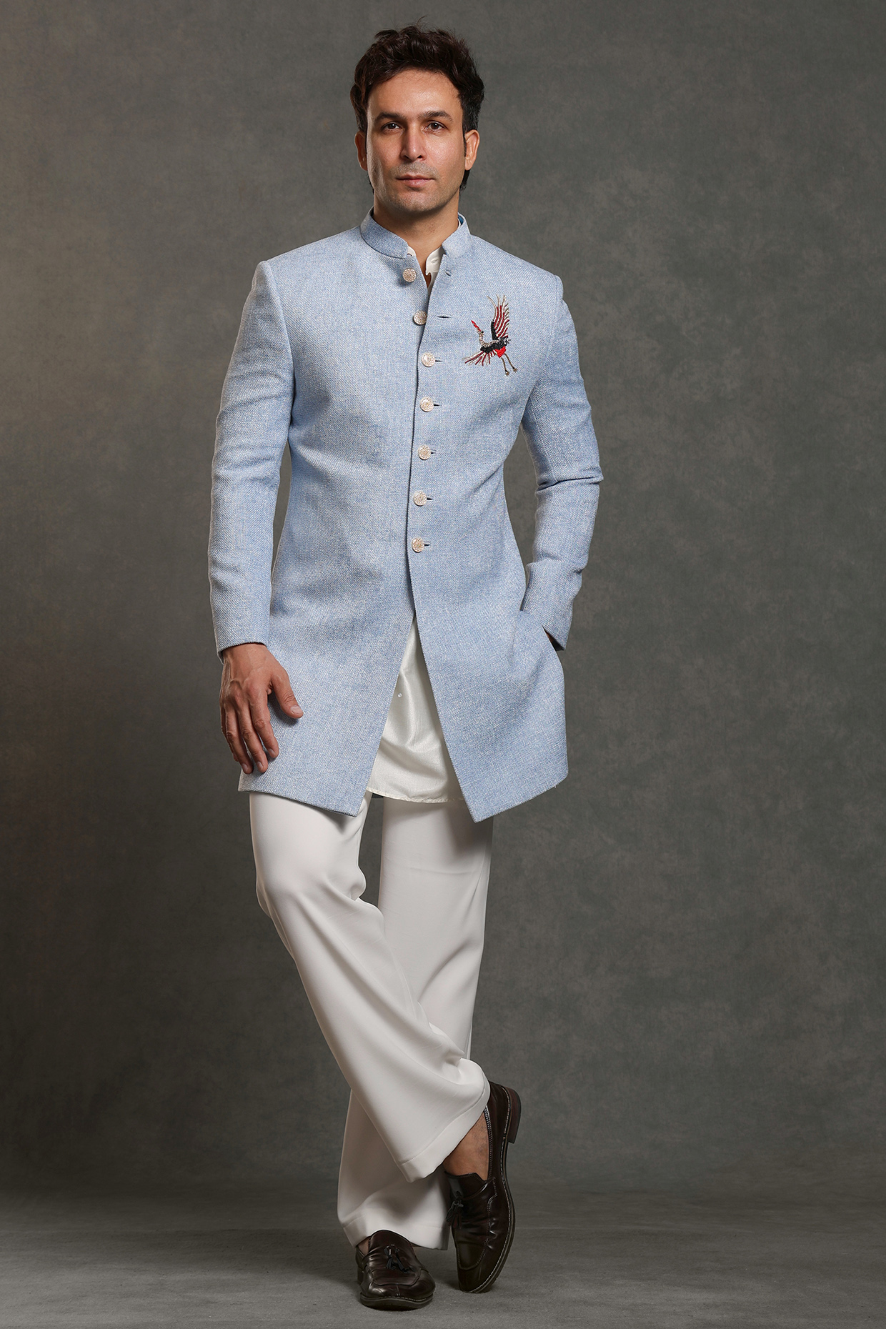 Sky Blue Cotton Viscose Blend Patch Embroidered Indowestern Set by Line by Shamim Khan