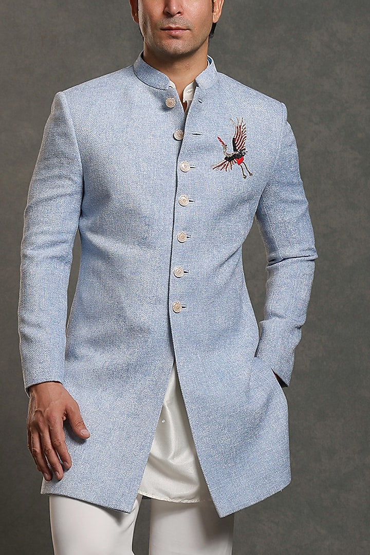 Sky Blue Cotton Viscose Blend Patch Embroidered Wedding Indowestern Set by Line by Shamim Khan at Pernia's Pop Up Shop