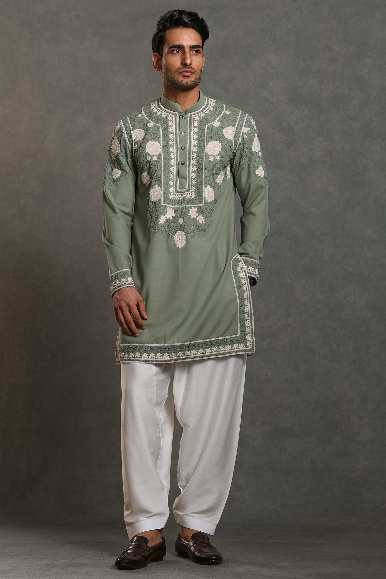 Olive Cotton Silk Thread Embroidered Kurta Set by Line by Shamim Khan