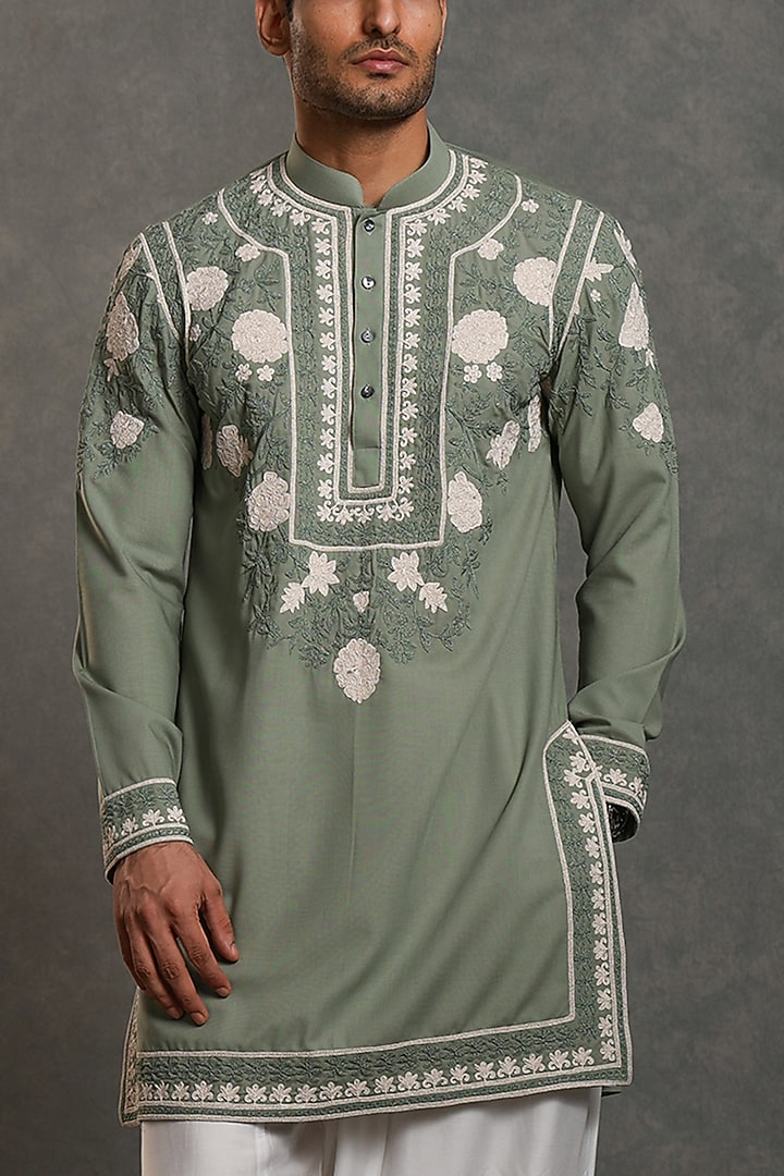 Olive Cotton Silk Thread Embroidered Kurta Set by Line by Shamim Khan at Pernia's Pop Up Shop