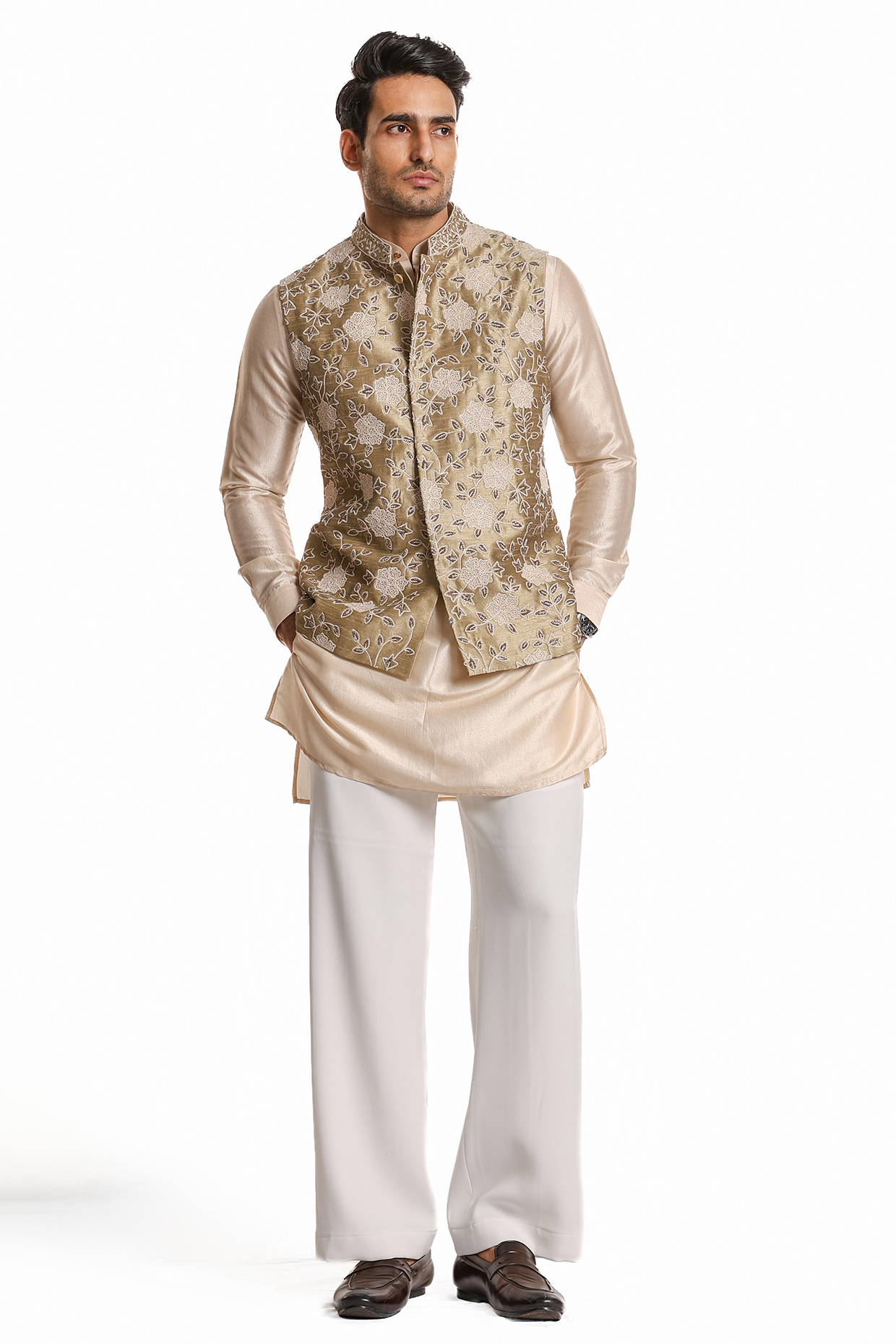 Golden Raw Silk Glass Cut Embroidered Nehru Jacket Set by Line by Shamim Khan