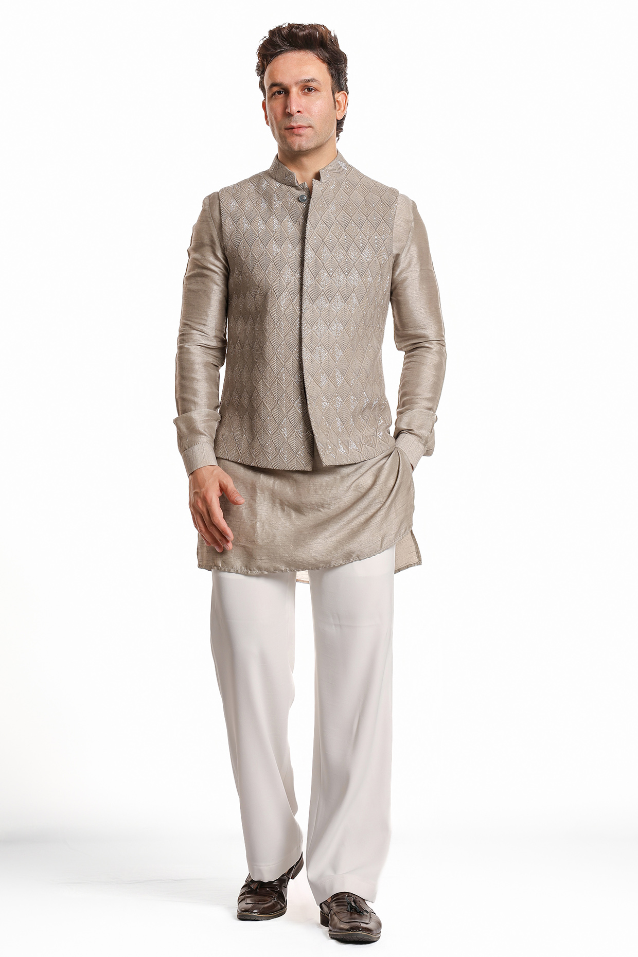 Grey Georgette Glass Cut Embroidered Nehru Jacket Set by Line by Shamim Khan