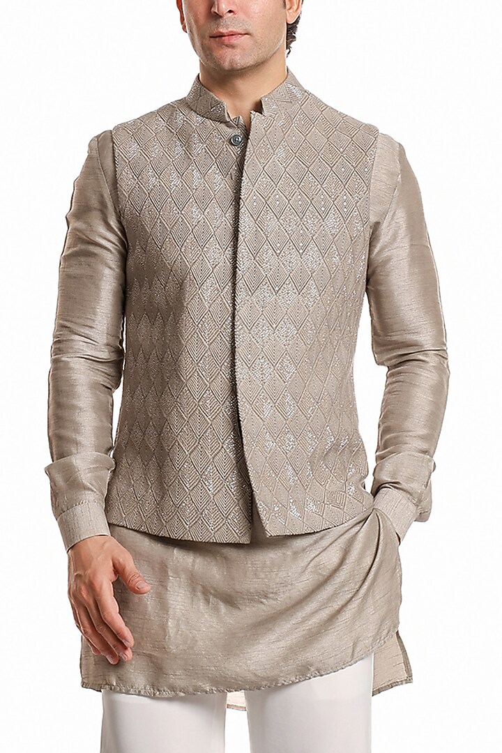 Grey Georgette Glass Cut Embroidered Nehru Jacket Set by Line by Shamim Khan at Pernia's Pop Up Shop