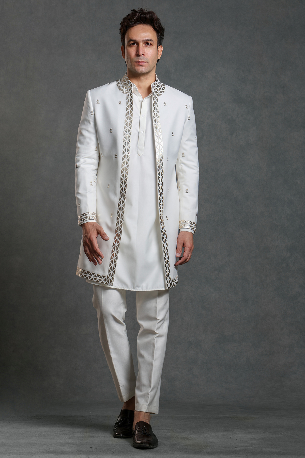 White Cotton Viscose Golden Work Indowestern Set by Line by Shamim Khan