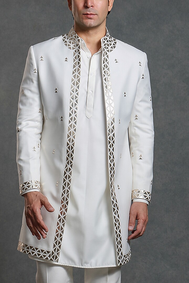 White Cotton Viscose Golden Work Wedding Indowestern Set by Line by Shamim Khan at Pernia's Pop Up Shop