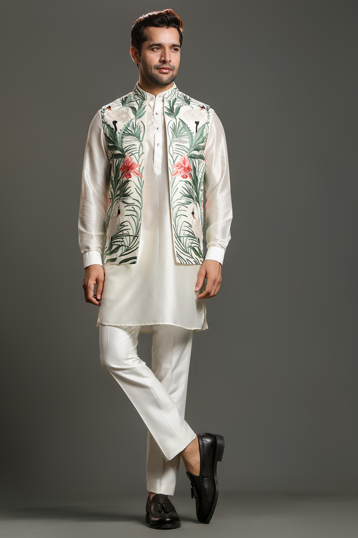 Multi-Colored Raw Silk Thread Embroidered Nehru Jacket Set by Line by Shamim Khan