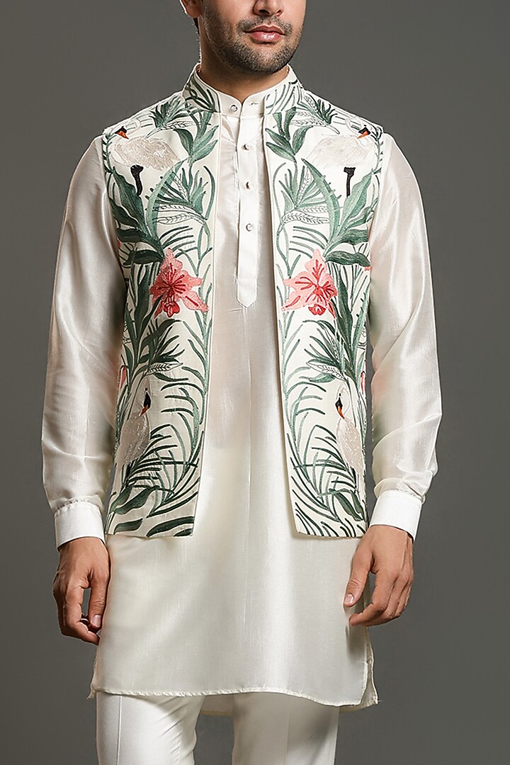 Multi-Colored Raw Silk Thread Embroidered Nehru Jacket Set by Line by Shamim Khan at Pernia's Pop Up Shop