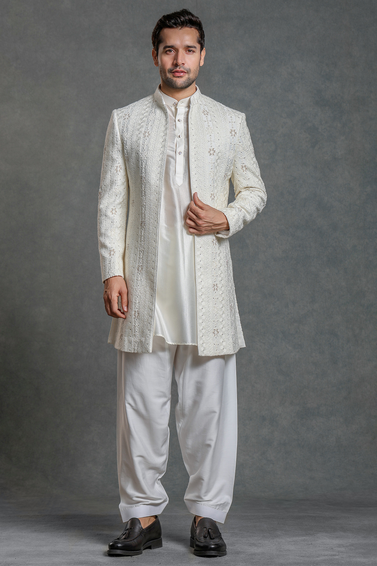 Off-White Georgette Lucknowi Thread Embroidered Indowestern Set by Line by Shamim Khan