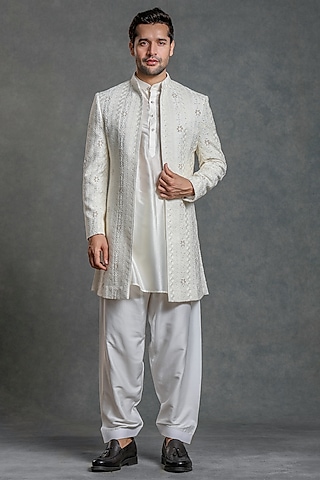Off-White Georgette Lucknowi Thread Embroidered Indowestern Set by Line by Shamim Khan
