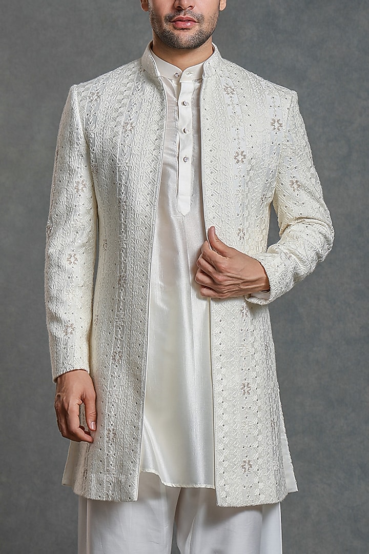 Off-White Georgette Lucknowi Thread Embroidered Groom Indowestern Set by Line by Shamim Khan at Pernia's Pop Up Shop